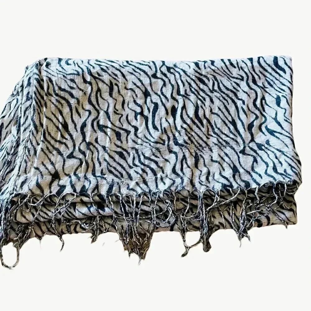 Boho Zebra Print Soft Oversized Lightweight Fringe Beachy Scarf Wrap